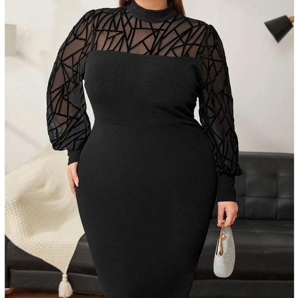 Plus Black Mock Neck Semi Sheer Long Sleeve Fitted Dress - Picture 2 of 5